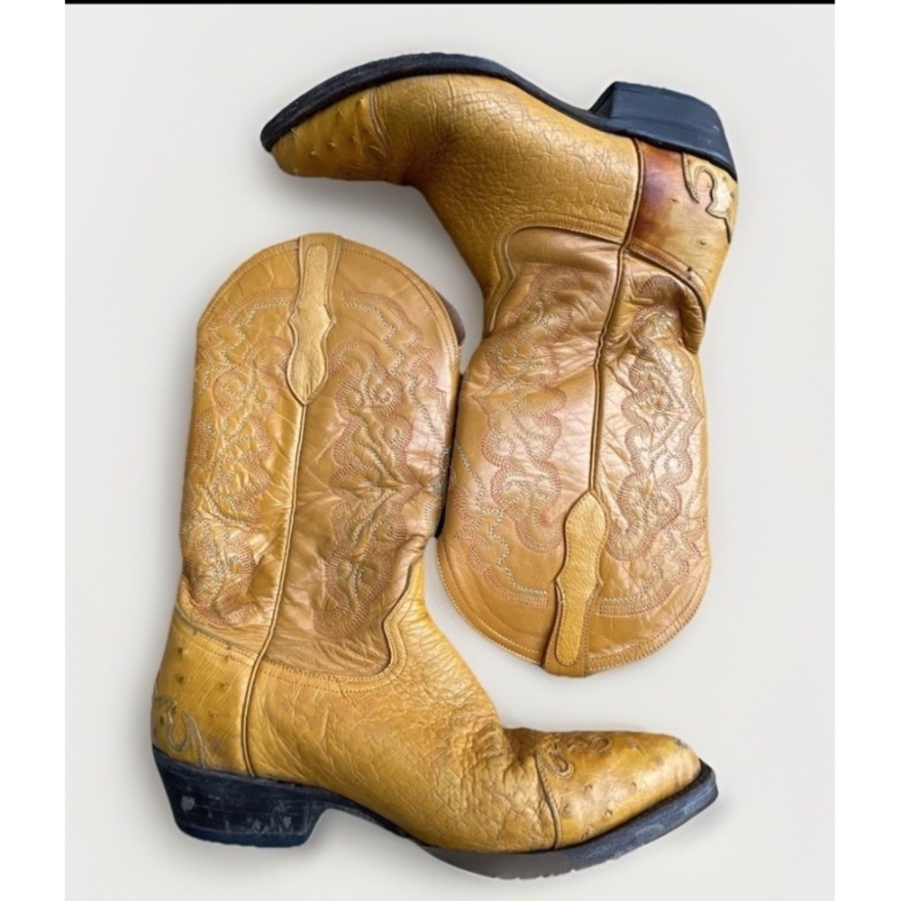 Vintage Genuine Ostrich Western Cowboy Boots Honey Tan Snip Toe 6.5